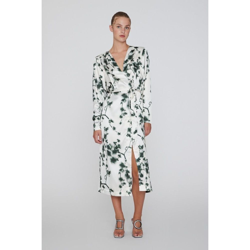ROTATE Birger Christensen Floral-Print Midi Wrap Dress Ivory Satin Size US 8